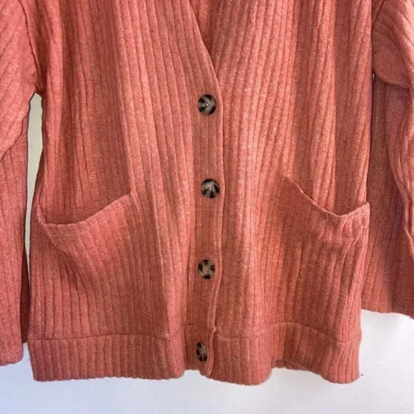 Ginger G Cardigan Medium Terracotta Button Front V-Neck Ribbed Sweater Pockets - Picture 5 of 6
